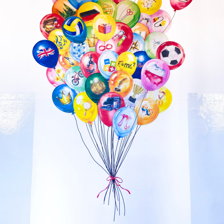 Sciany do zmiany druk ścienny uv Edukacyjny druk ścienny UV w SP5 Jawor – kolorowe balony symbolizujące różne przedmioty szkolne