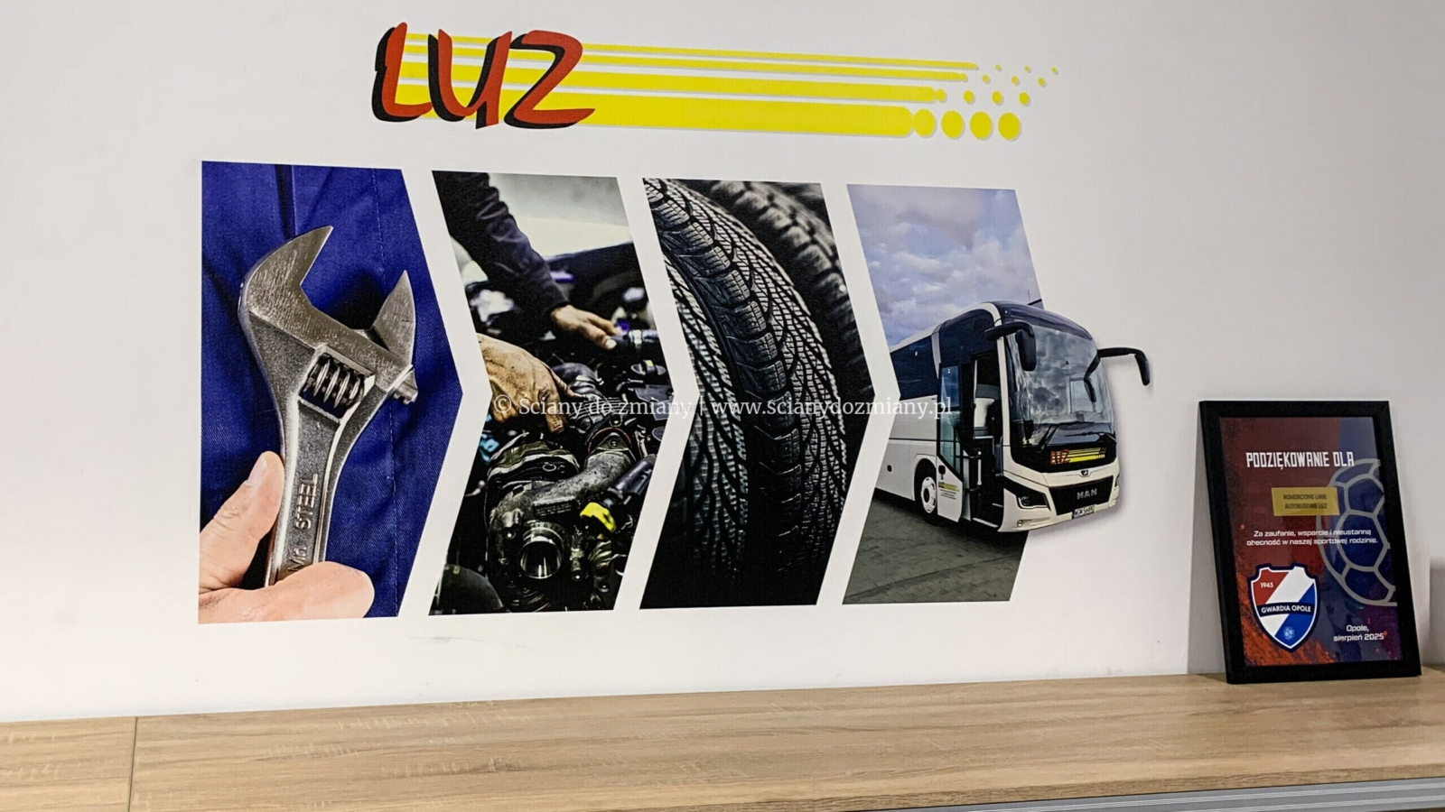 Identyfikacja wizualna firmy LUZ Opole – branding ścienny z logo oraz grafikami przedstawiającymi narzędzia, serwis mechaniczny, opony i autobus.