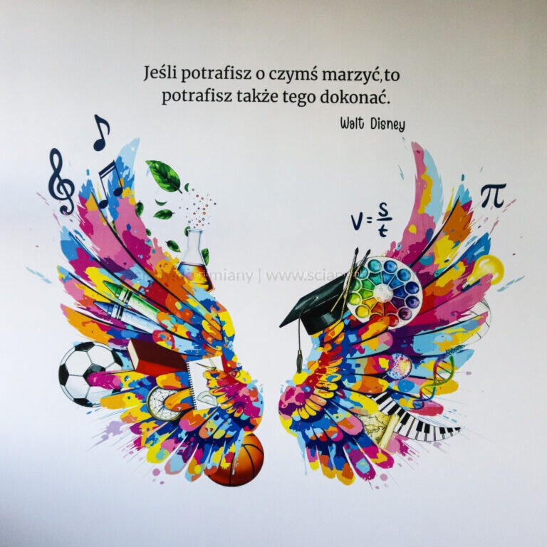 Kolorowy druk ścienny UV w Szkole Podstawowej nr 5 w Jaworze – mural edukacyjny ze skrzydłami wyobraźni
