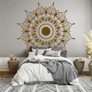 Dekoracja ścienna w sypialni w stylu boho – nowoczesny mural nad łóżkiem