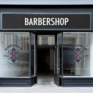 druk na szkle Wrocław – branding witryny barbershop nadruk UV