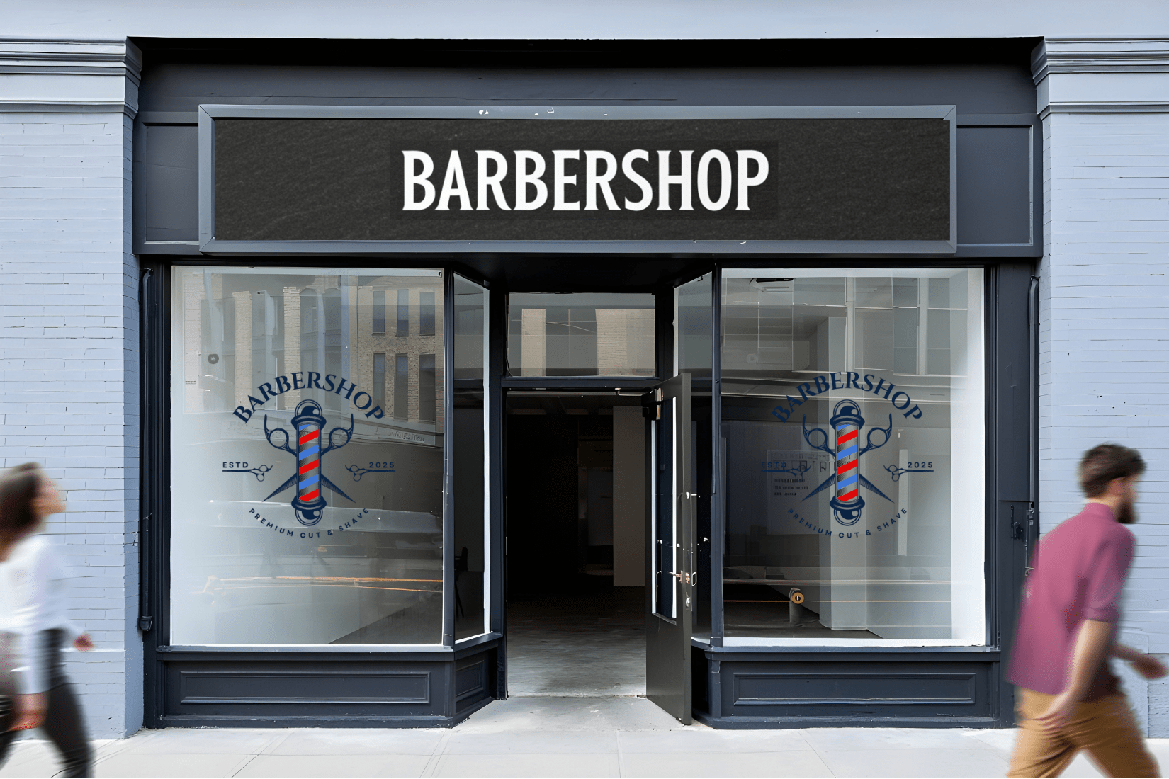 druk na szkle Wrocław – branding witryny barbershop nadruk UV