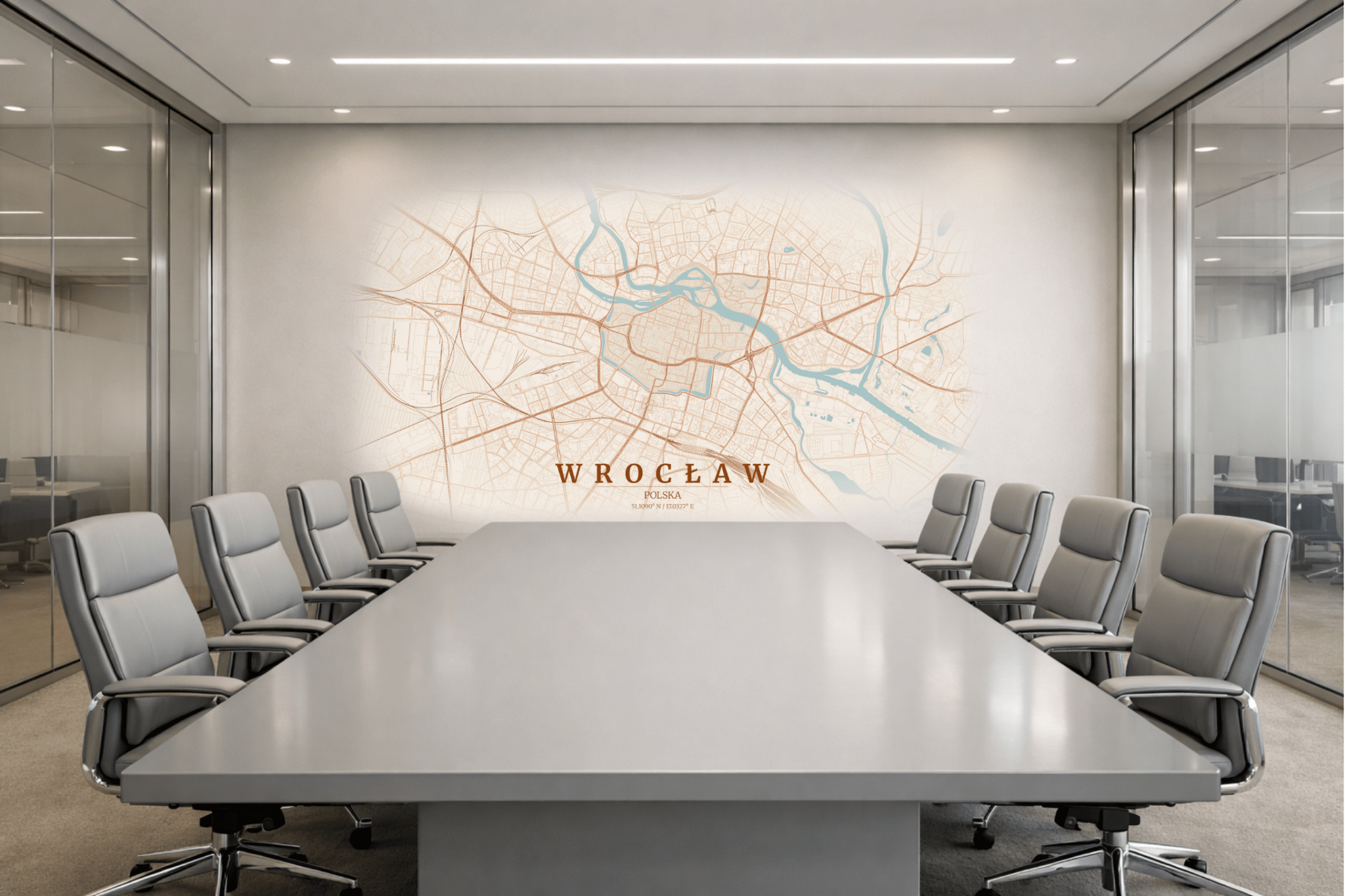 druk ścienny UV mapa Wrocławia w nowoczesnej sali konferencyjnej, minimalistyczne biuro, branding ściany