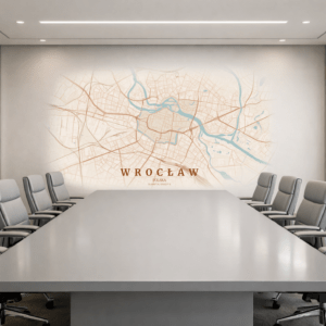 druk ścienny UV mapa Wrocławia w nowoczesnej sali konferencyjnej, minimalistyczne biuro, branding ściany