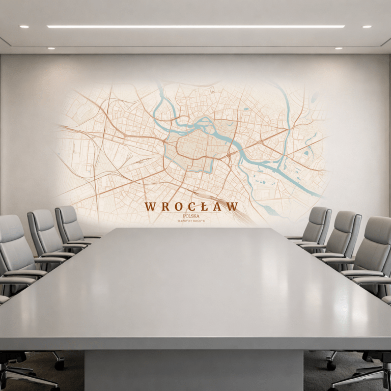druk ścienny UV mapa Wrocławia w nowoczesnej sali konferencyjnej, minimalistyczne biuro, branding ściany
