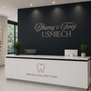 druk ścienny UV recepcja stomatologiczna Wrocław napis Dbamy o Twój uśmiech ściana premium