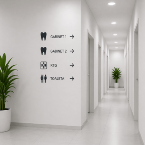 oznaczenia gabinetów na ścianie druk UV wayfinding klinika Wrocław projekt oznakowania