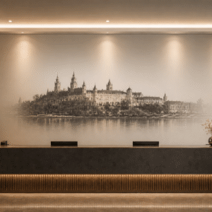 Elegancki druk ścienny UV z panoramą miasta w recepcji hotelowej