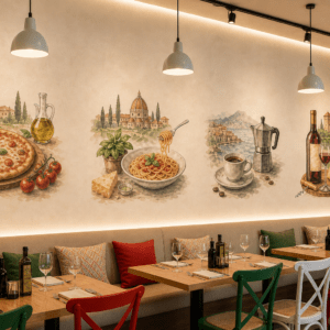 Druk ścienny UV z włoskimi motywami kulinarnymi w restauracji włoskiej
