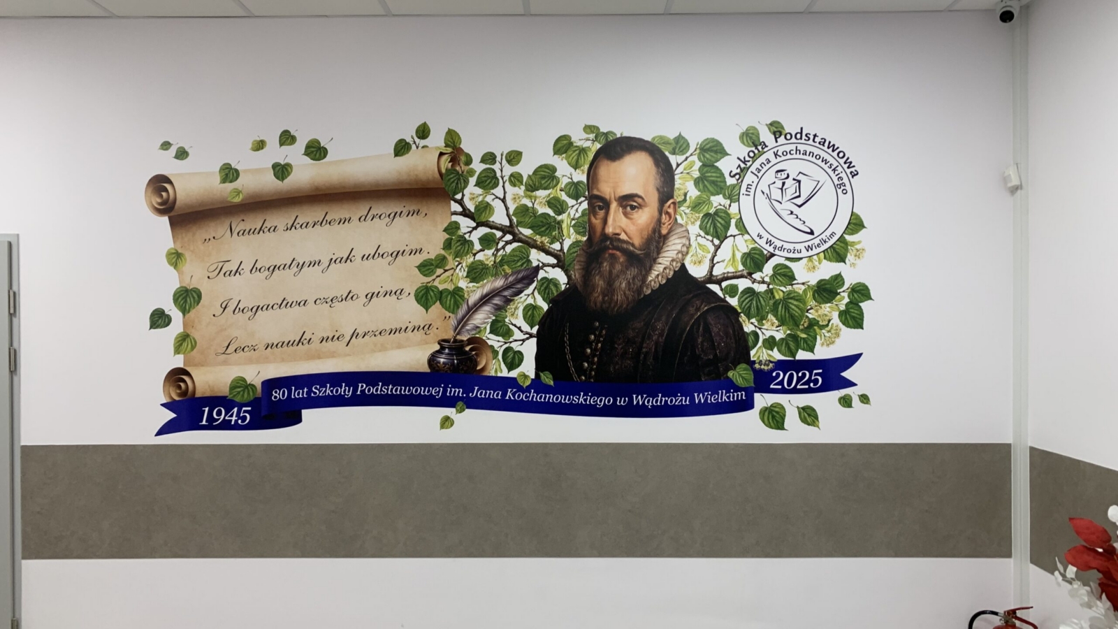 Mural Jana Kochanowskiego wykonany drukiem ściennym UV z okazji 80-lecia szkoły w Wądrożu Wielkim