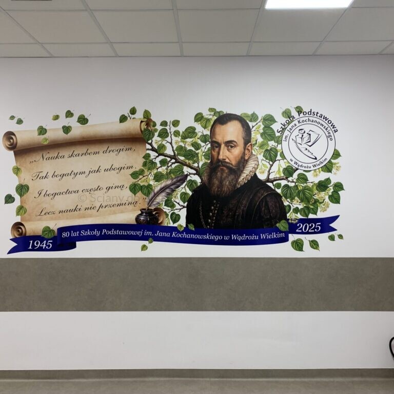 Mural Jana Kochanowskiego wykonany drukiem ściennym UV z okazji 80-lecia szkoły w Wądrożu Wielkim