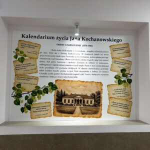 Tablica edukacyjna na pleksi opisująca okres czarnoleski Jana Kochanowskiego oraz jego najważniejsze dzieła