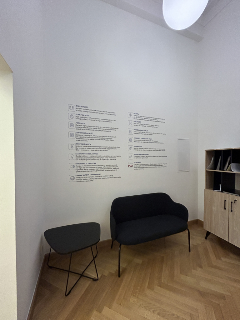 Nowoczesne wnętrze z minimalistycznym drukiem ściennym UV przedstawiającym wartości i standardy Wydziału Administracji Politechniki Wrocławskiej.