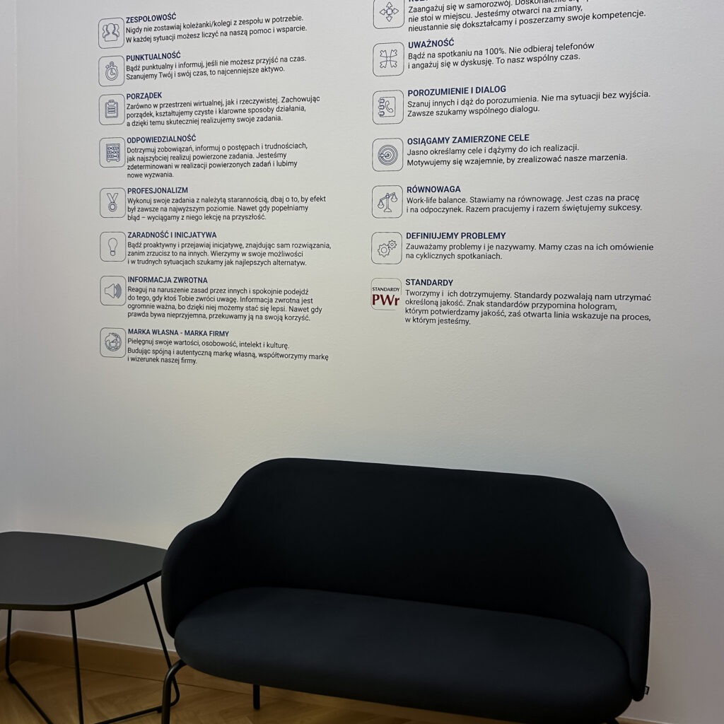 Druk ścienny UV z wartościami i standardami Wydziału Administracji Politechniki Wrocławskiej wykonany bezpośrednio na białej ścianie w nowoczesnym wnętrzu biurowym.