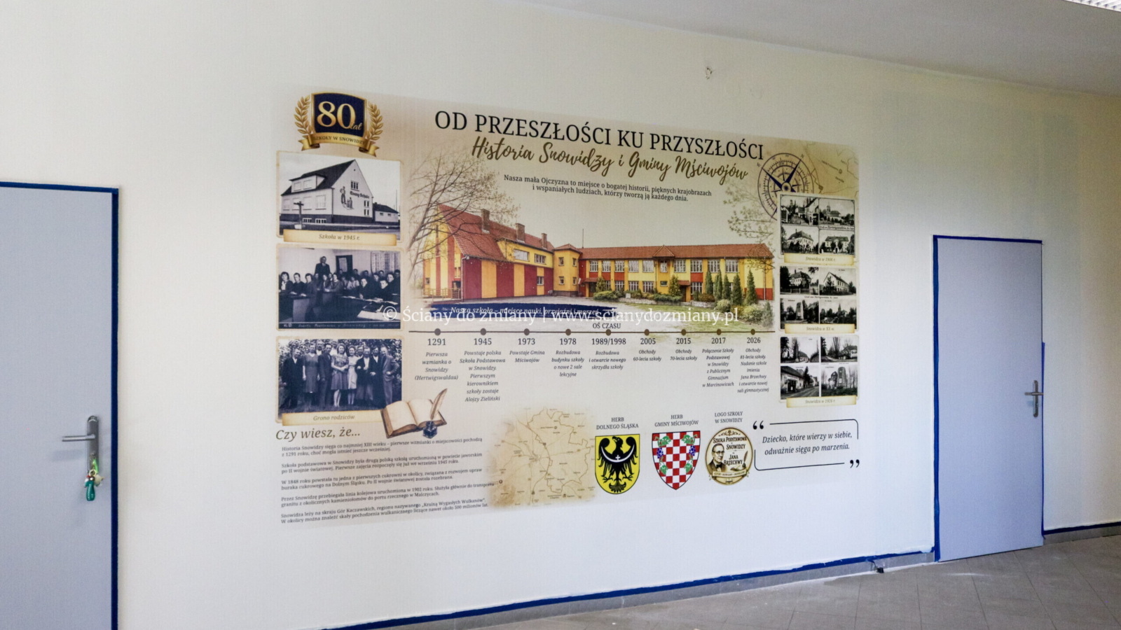 Ściana jubileuszowa w Szkole Podstawowej w Snowidzy z historią placówki, Janem Brzechwą, archiwalnymi fotografiami i osią czasu