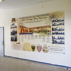 Jubileuszowy druk ścienny UV na 80-lecie Szkoły Podstawowej w Snowidzy z osią czasu, archiwalnymi zdjęciami i historią gminy Mściwojów