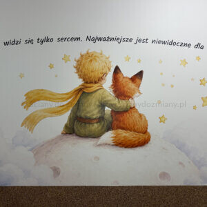Druk ścienny w przedszkolu – ilustracja Małego Księcia i Lisa inspirowana książką Antoine’a de Saint-Exupéry’ego