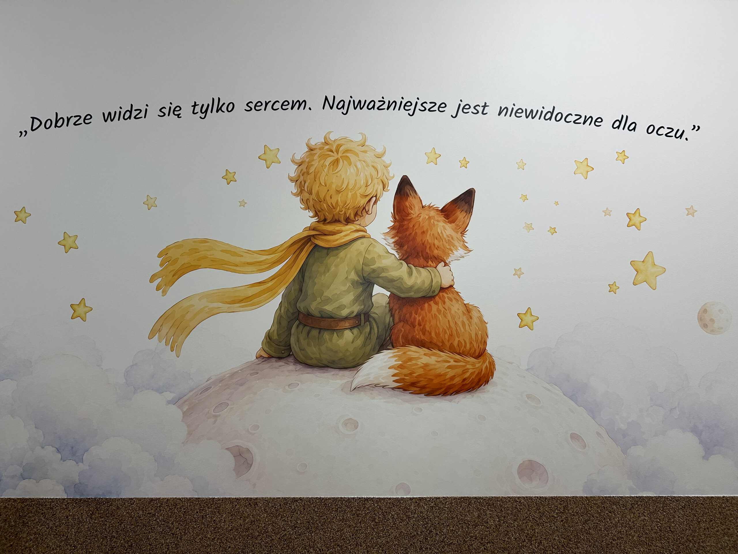 Druk ścienny Mały Książę – przedszkole w Kępnie Druk ścienny dla przedszkola w Kępnie z ilustracją Małego Księcia i Lisa