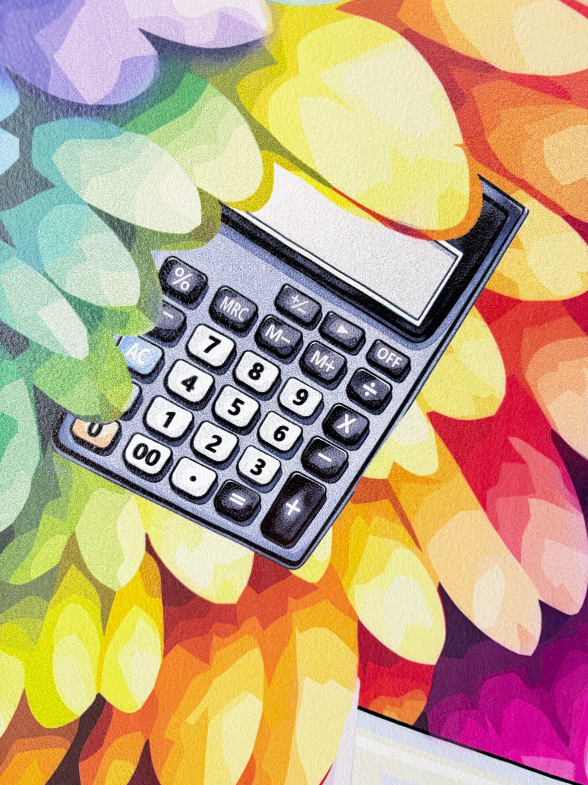 Detal kalkulatora i symboli matematycznych wykonany w technologii druku ściennego UV