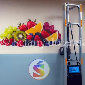 Realistyczna kompozycja owoców wydrukowana na ścianie stołówki Szkoły Podstawowej nr 4 w Świdnicy
